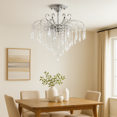 Candelabru rotund argintiu cu 9 becuri E27 si elemente transparente, iluminare spectaculoasa peste masa dreptunghiulara