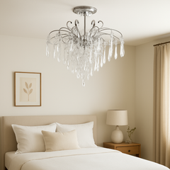 Candelabru rotund argintiu cu 9 becuri E27 si design cascada, iluminare ambientala eleganta pentru dormitor mare