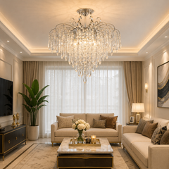 Candelabru rotund argintiu cu 9 becuri E27 si elemente transparente tip cascada, iluminare decorativa pentru living spatios