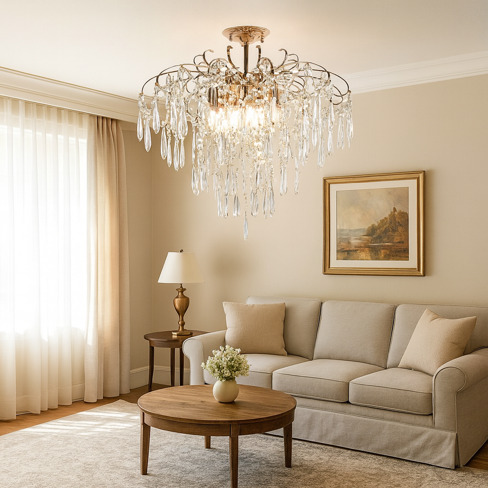 Candelabru rotund auriu cu 9 becuri E27 si cristale K9 tip cascada, iluminare spectaculoasa pentru living spatios
