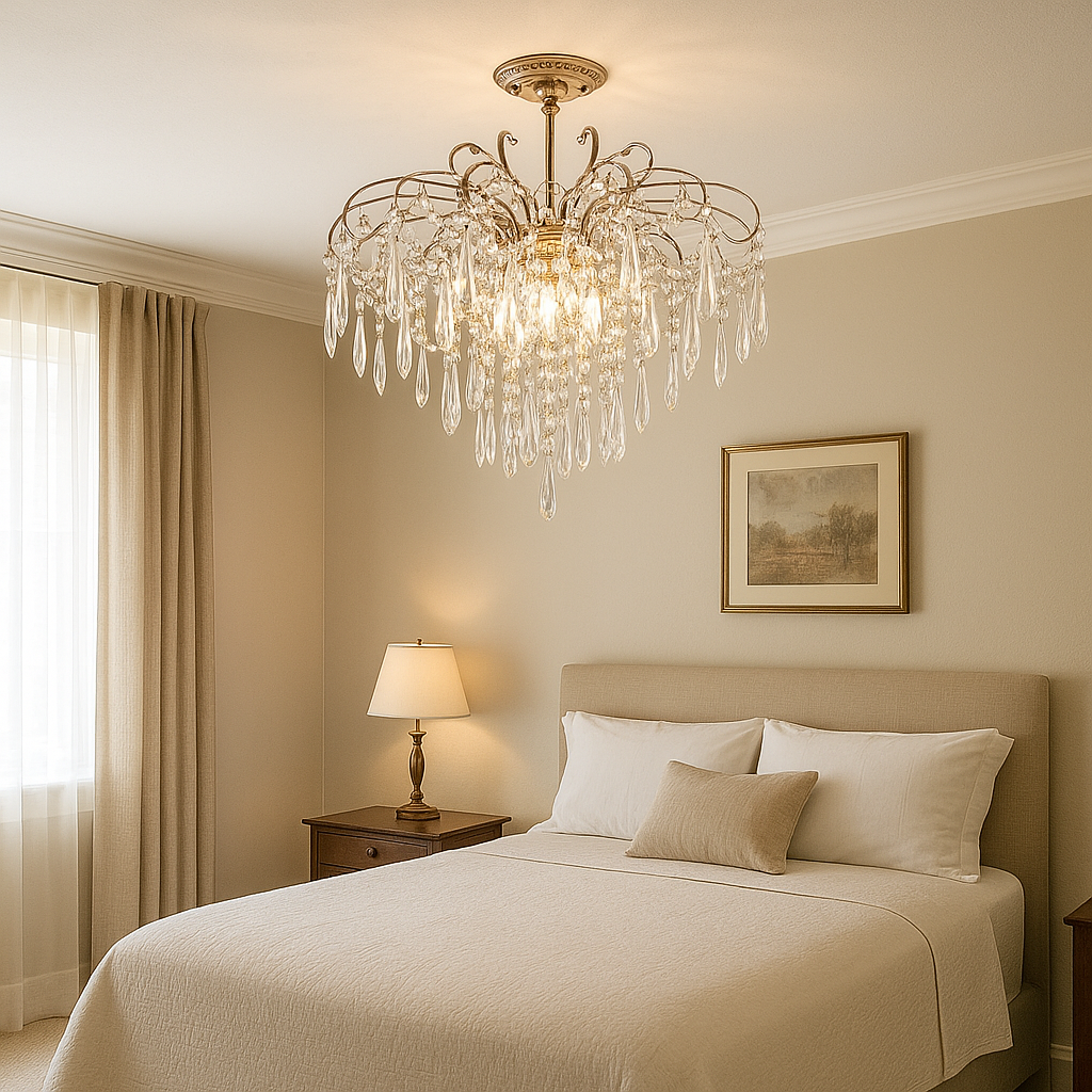 Candelabru rotund auriu cu 9 becuri E27 si cristale K9, lumina ambientala luxoasa pentru dormitor matrimonial