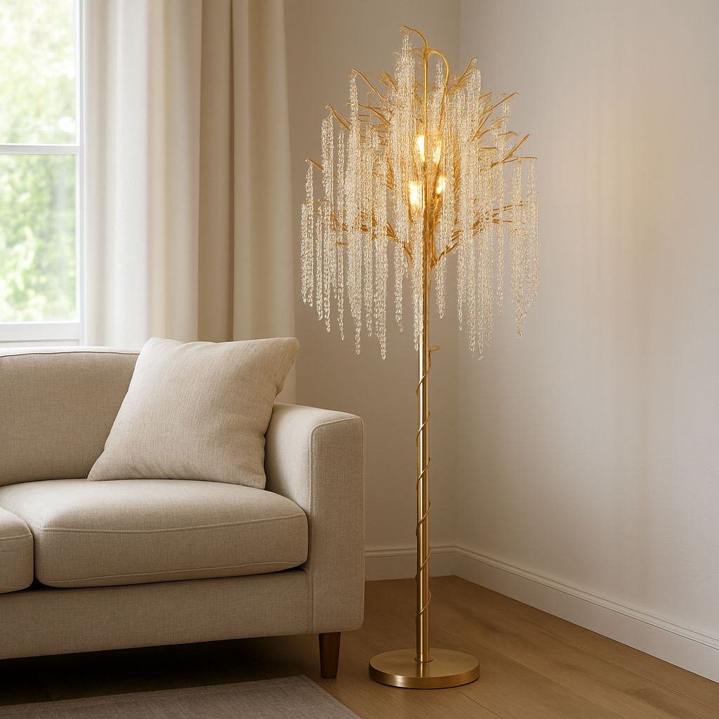 Lampadar modern tip copac cu ramuri aurii si decor cristal, compatibil cu 6 becuri E27, ideal pentru living elegant cu accent premium, model 68253-6L A.