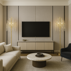 Lampadar modern tip copac cu ramuri aurii si decor cristalin, compatibil cu 6 becuri E27, ideal pentru living elegant cu accent premium, model 68253-6L B.