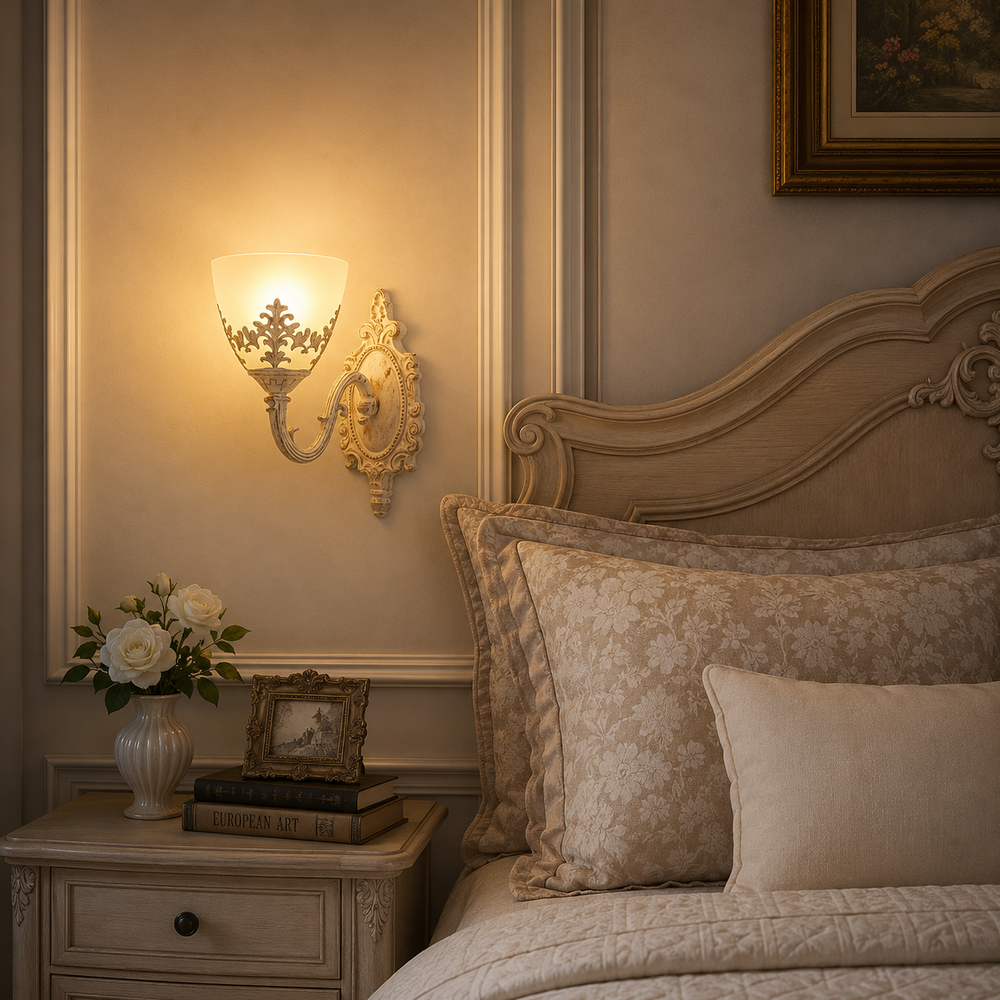 Aplica 6898-1W BSJ cu sticla mata si finisaj alb cu auriu, instalata pe hol vintage pentru iluminare ambientala eleganta