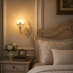 Aplica 6898-1W BSJ cu sticla mata si finisaj alb cu auriu, instalata pe hol vintage pentru iluminare ambientala eleganta