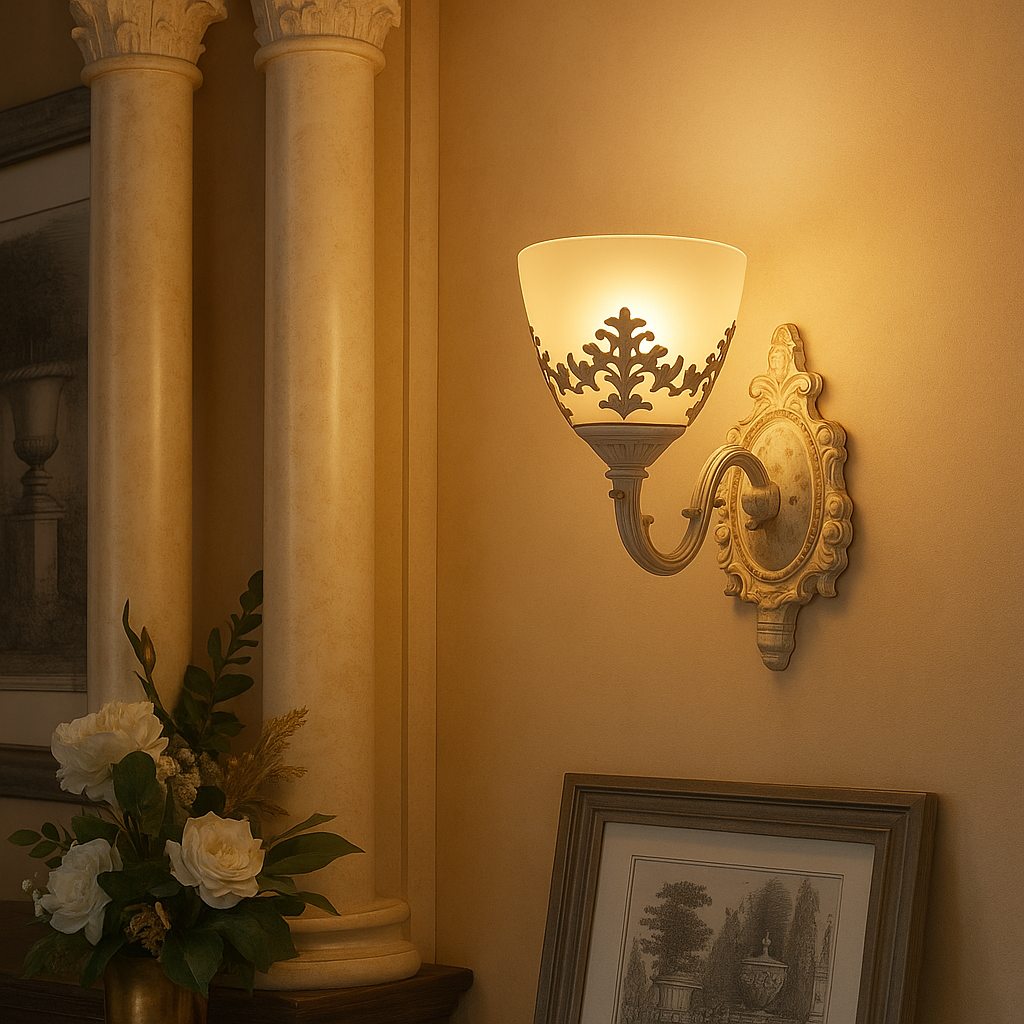 Aplica vintage 6898-1W BSJ, sticla mata cu detalii aurii si brat decorativ, iluminand livingul clasic cu accent elegant