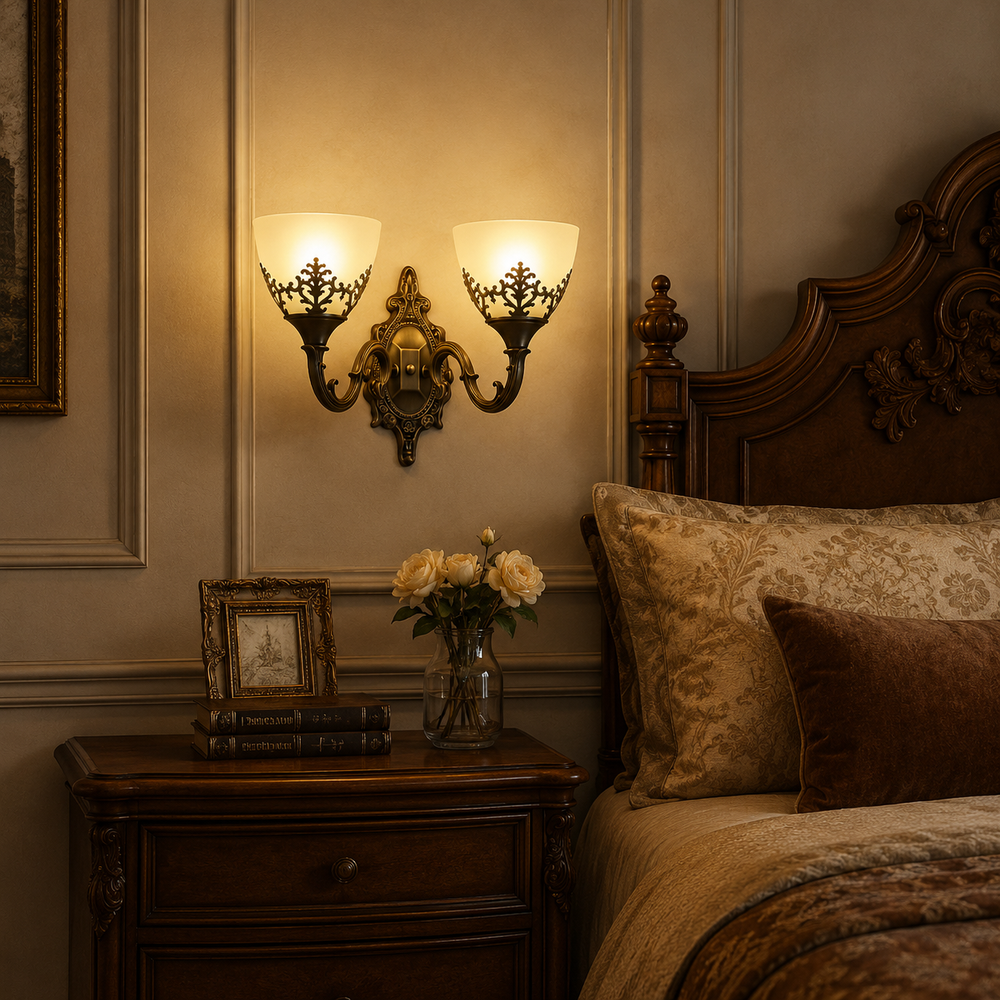 Aplica 6898-2W AB, design bronz antichizat cu brate simetrice, instalata pe hol pentru lumina ambientala si decor clasic sofisticat