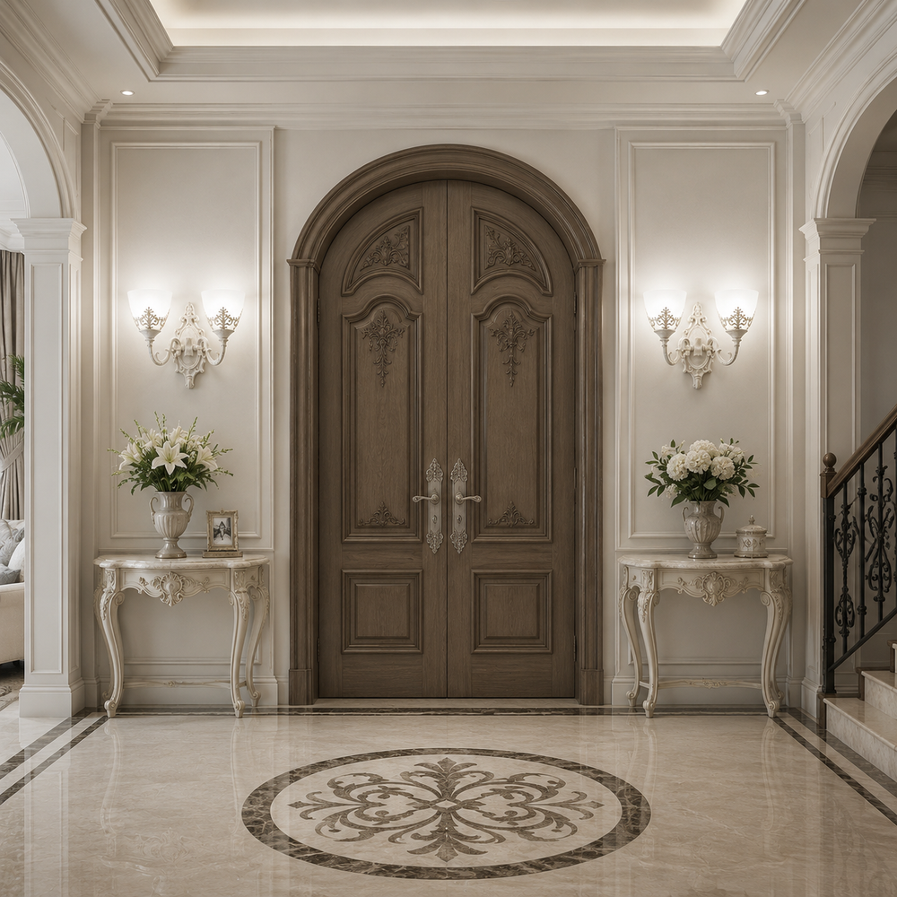 Aplica 6898-2W WH, design alb patinat cu doua brate florale, instalata pe hol pentru iluminare ambientala eleganta si vintage