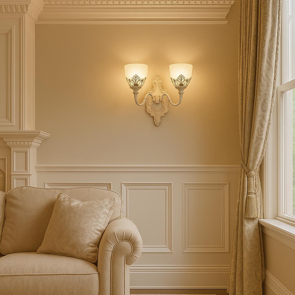 Aplica vintage 6898-2W WH, finisaj alb patinat si doua abajururi mate decorative, iluminand livingul shabby chic cu eleganta