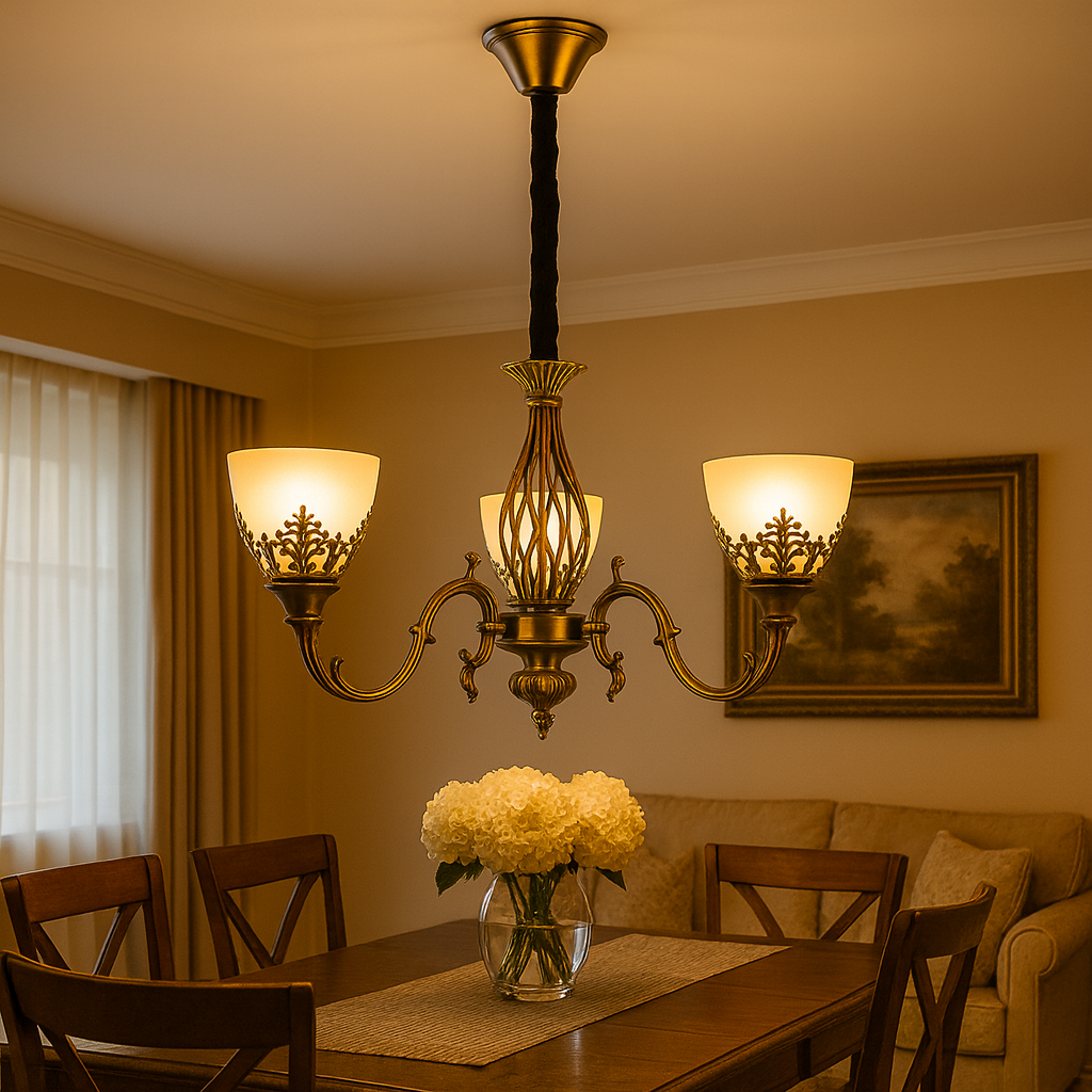 Candelabru decorativ 3 brate bronz antichizat cu abajururi florale si becuri E27 deasupra mesei dining