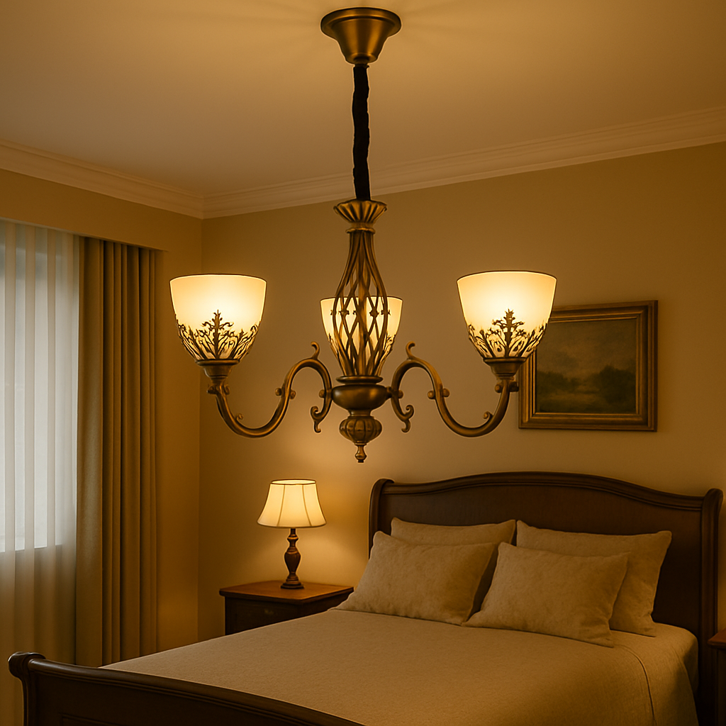 Candelabru clasic bronz antichizat 3 brate cu sticla mata si E27, lumina calda in dormitor vintage