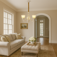 Candelabru vintage 3 brate alb patinat cu E27, lumina calda difuza, montat central in living clasic luminos