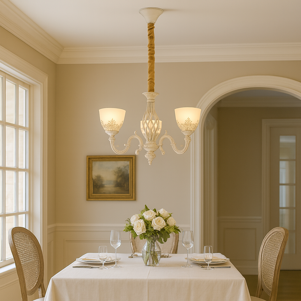 Candelabru decorativ 3 brate alb patinat cu accente aurii si becuri E27, masa dining stil provensal