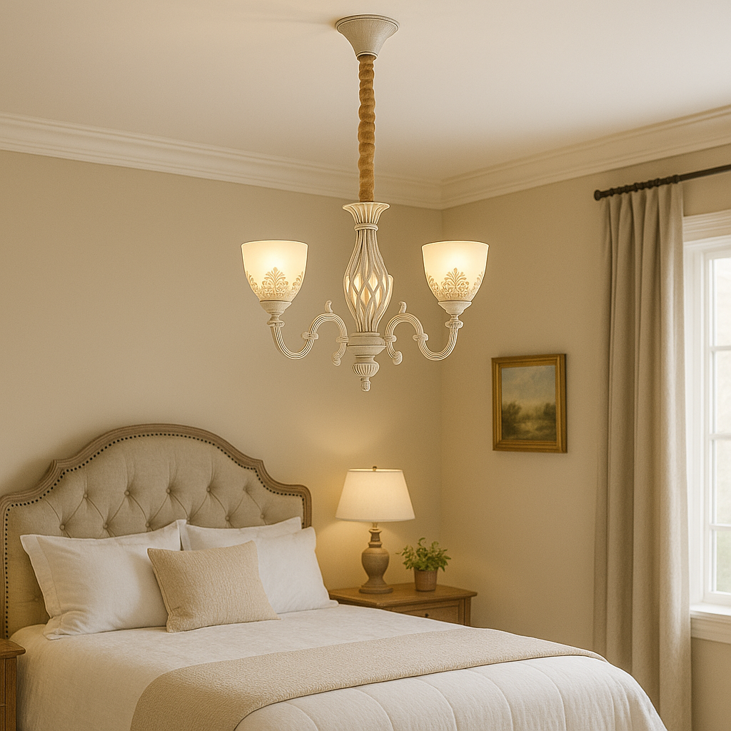 Candelabru vintage alb patinat 3 brate cu sticla mata si becuri E27, lumina calda in dormitor elegant