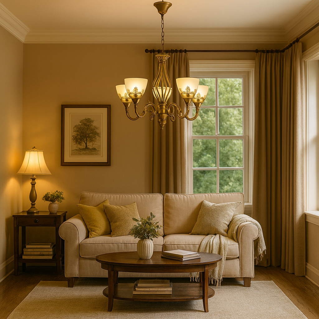 Candelabru vintage 5 brate bronz antichizat cu abajururi din sticla mata si becuri E27, lumina calda in living clasic