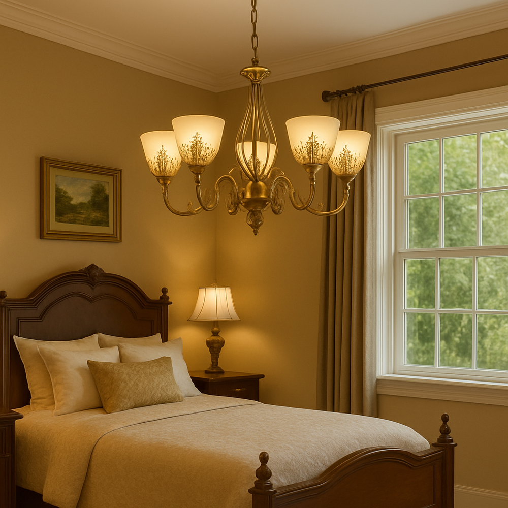 Candelabru clasic 5 brate bronz antichizat cu sticla mata si becuri E27, iluminare calda in dormitor vintage elegant