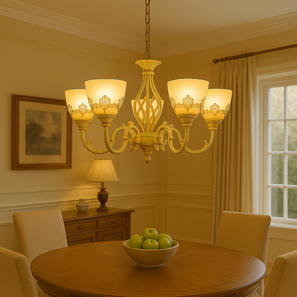 Candelabru decorativ 5 brate alb antichizat cu sticla mata si becuri E27, montat deasupra mesei dining vintage