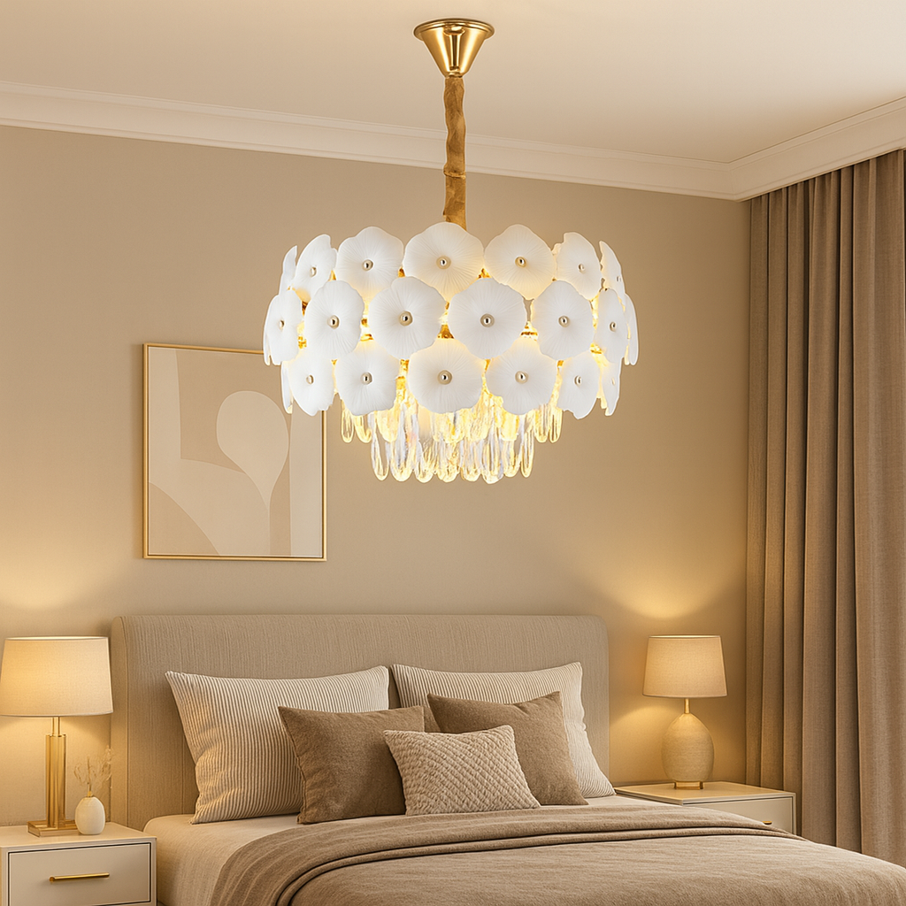 Candelabru Ø400 mm auriu, stil floral cu 5 surse, atmosfera eleganta si luminoasa pentru dormitor rafinat si confortabil.