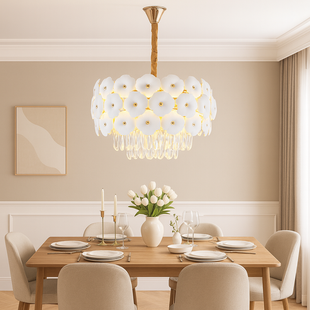 Candelabru elegant Ø400 mm auriu, 5 surse E27, design floral decorativ ideal pentru zona de dining moderna si luminoasa.