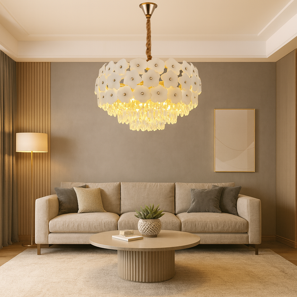 Candelabru floral Ø600 mm auriu cu 10 surse E27, design elegant cu elemente transparente, lumină amplă pentru living rafinat.