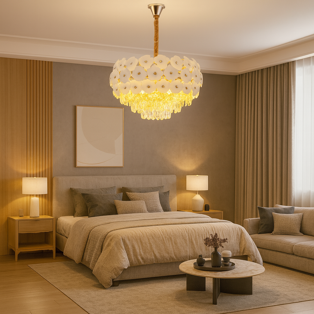 Candelabru Ø600 mm auriu, stil floral cu 10 surse, lumină decorativă ideală pentru dormitor spațios și elegant.