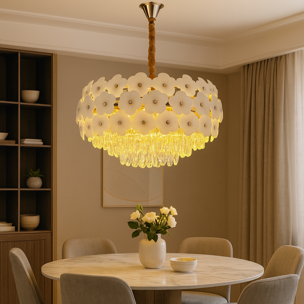 Candelabru floral Ø600 mm auriu cu 10 surse E27, design elegant potrivit pentru zona de dining mare și iluminată uniform.