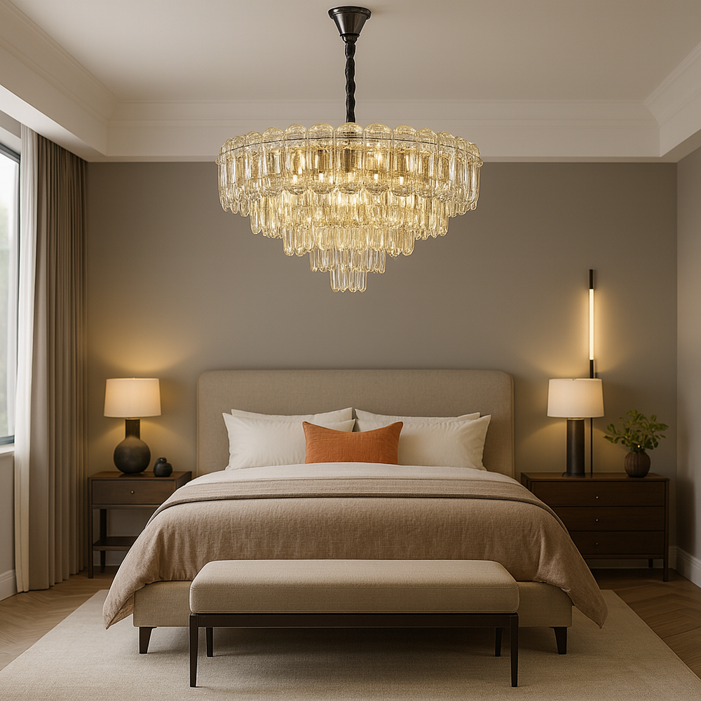 Candelabru rotund auriu cu 10 socluri E27, montat in dormitor mare modern, lumina ampla si design elegant.