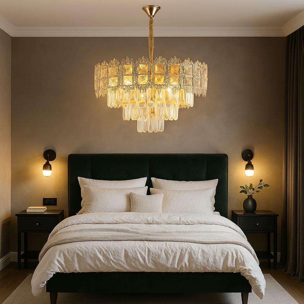 Candelabru auriu Ø400 cu 5 becuri E27 in dormitor elegant, lumina calda ambientala, design compact fara telecomanda