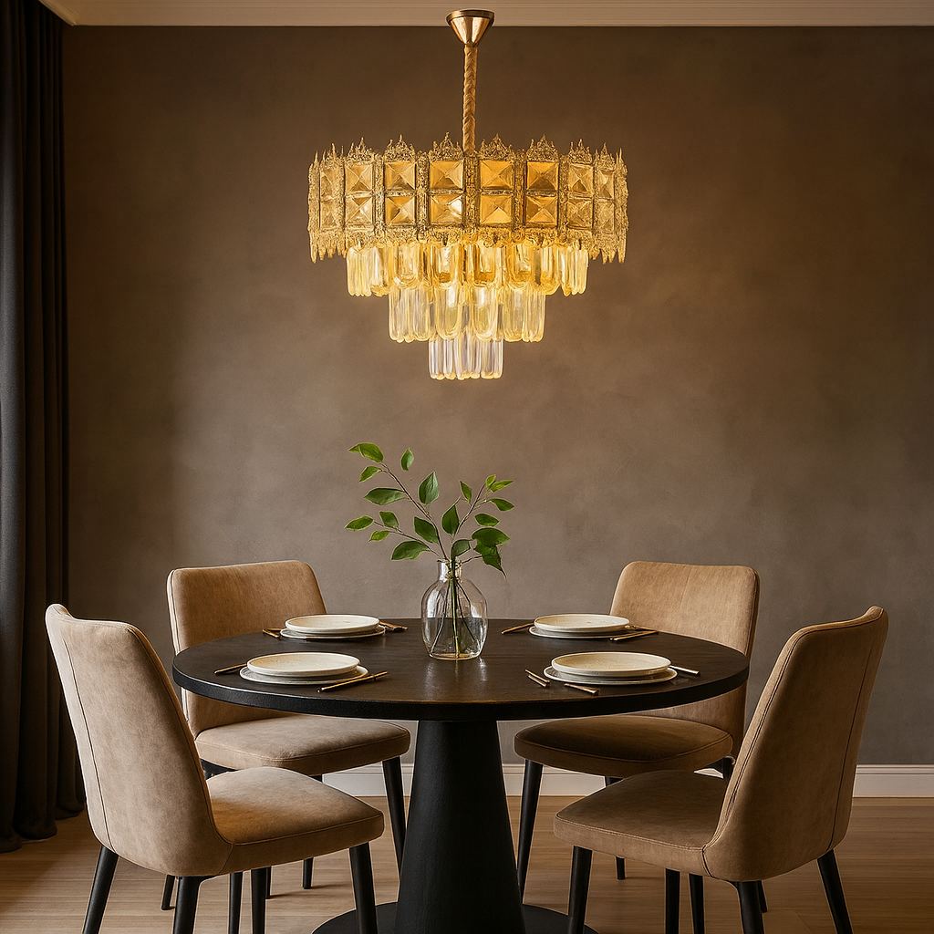 Candelabru auriu Ø400 cu 5 socluri E27 deasupra mesei dining, iluminare uniforma decorativa, potrivit pentru spatii medii