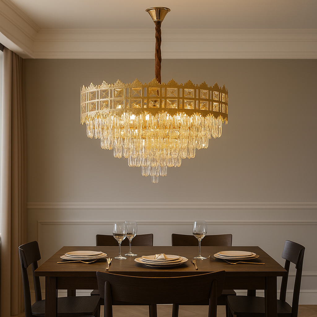 Candelabru auriu cu 8 socluri E27 deasupra mesei dining, lumina uniforma decorativa pentru spatii elegante, fara telecomanda