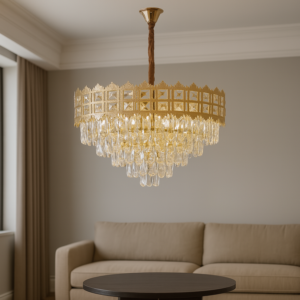 Candelabru auriu Ø600 cu 10 socluri E27 in living modern spatios, iluminare puternica si uniforma, design contemporan fara telecomanda