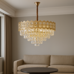 Candelabru auriu Ø600 cu 10 socluri E27 in living modern spatios, iluminare puternica si uniforma, design contemporan fara telecomanda