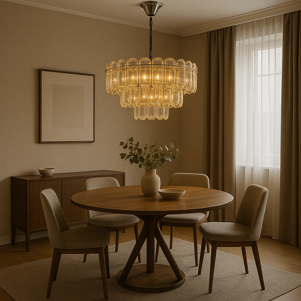 Candelabru rotund auriu cu 8 becuri E27, amplasat deasupra mesei din dining, iluminare decorativa intensa.