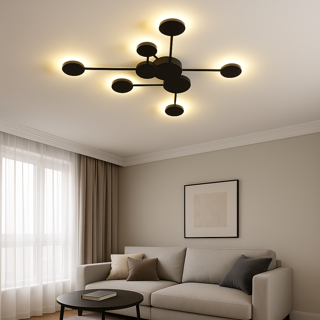 Aplica LED moderna negru mat cu design geometric si lumina reglabila 3000–6500K prin telecomanda, ideala pentru living contemporan, model 71086/3+3 Black.