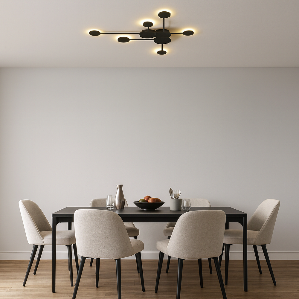 Aplica LED moderna geometrica negru mat cu lumina reglabila 3000–6500K prin telecomanda, ideala pentru zona de dining moderna cu decor elegant, model 71086/3+3 Black.