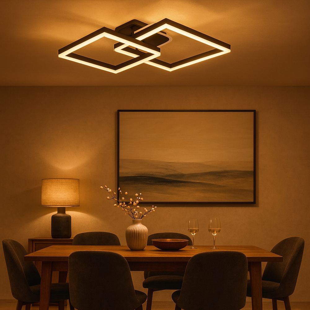 Lustra LED patrata 142W cu telecomanda, iluminat uniform pentru dining modern.