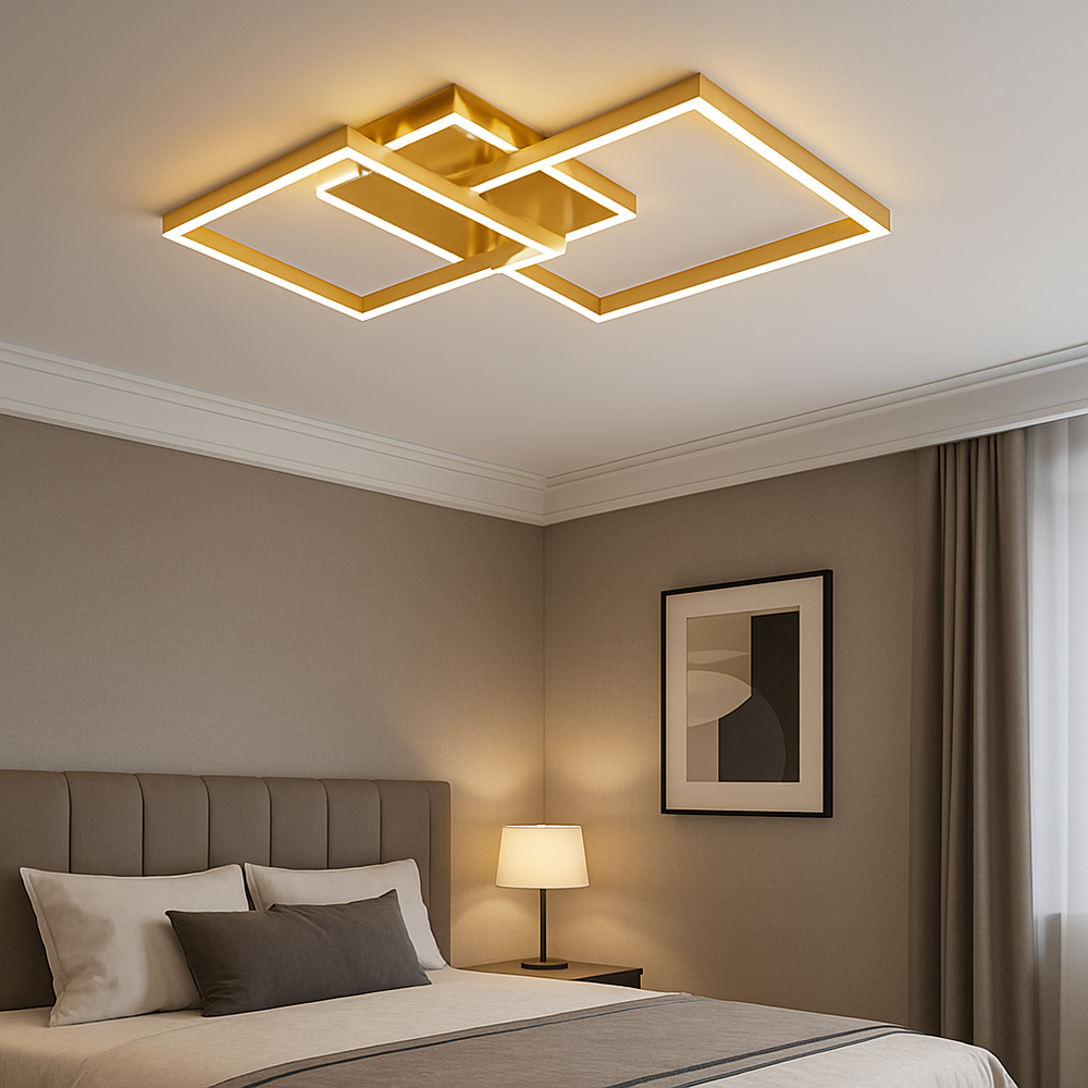 Lustra LED patrata modern 142W, lumina reglabila 3000K-6500K, montata in dormitor elegant.