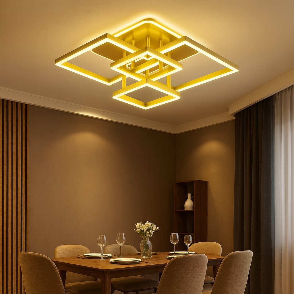 Lustra LED geometrica auriu 198W cu telecomanda, iluminat uniform in dining elegant.