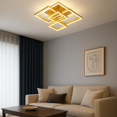 Lustra LED dreptunghiulara 198W auriu cu telecomanda, design geometric modern in living contemporan.