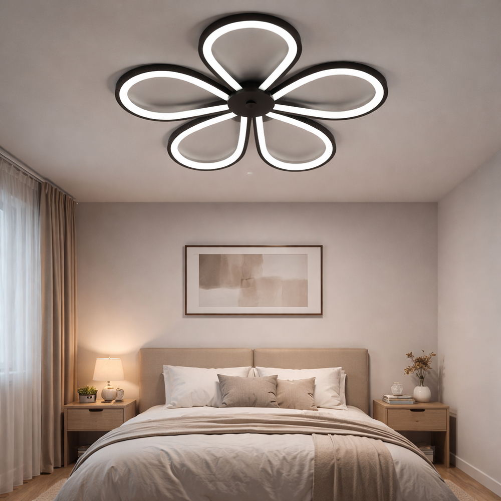 Lustra LED moderna forma de floare, negru mat, Ø300 mm, iluminare LED uniforma 3000–6500K, fara telecomanda, ideala pentru dormitor