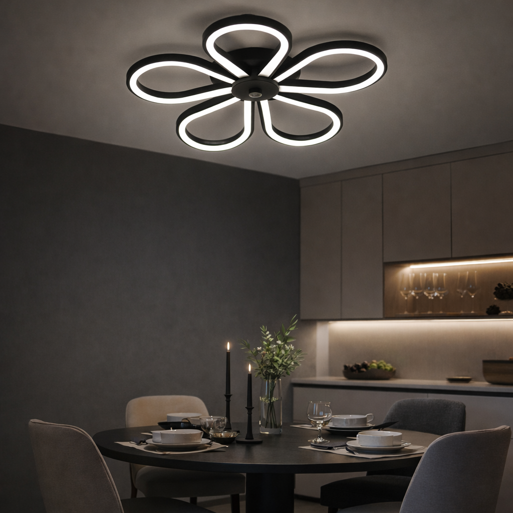 Lustra LED moderna forma de floare, Ø300 mm, design elegant negru mat, iluminare LED 3000–6500K, consum redus, fara telecomanda, pentru dining
