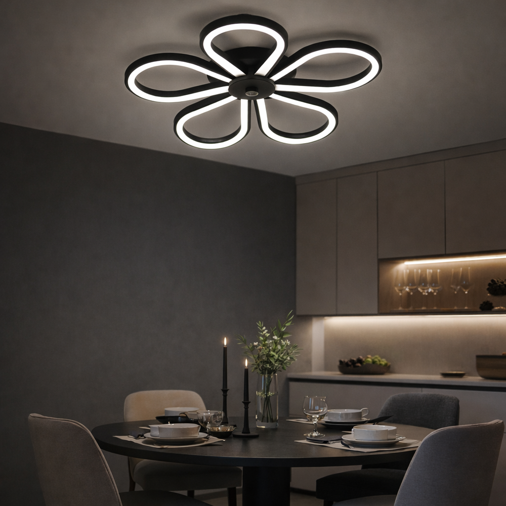 Lustra LED moderna forma de floare, Ø300 mm, design elegant negru mat, iluminare LED 3000–6500K, consum redus, fara telecomanda, pentru dining