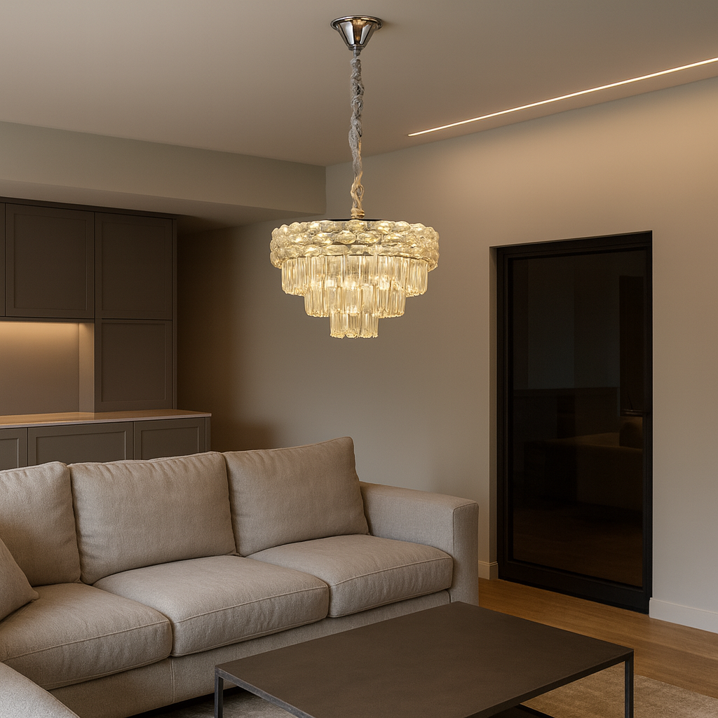 Candelabru rotund crom Ø400 mm cu 5 socluri E27, montat in living modern, lumina calda personalizabila, design elegant pentru spatiu primitor