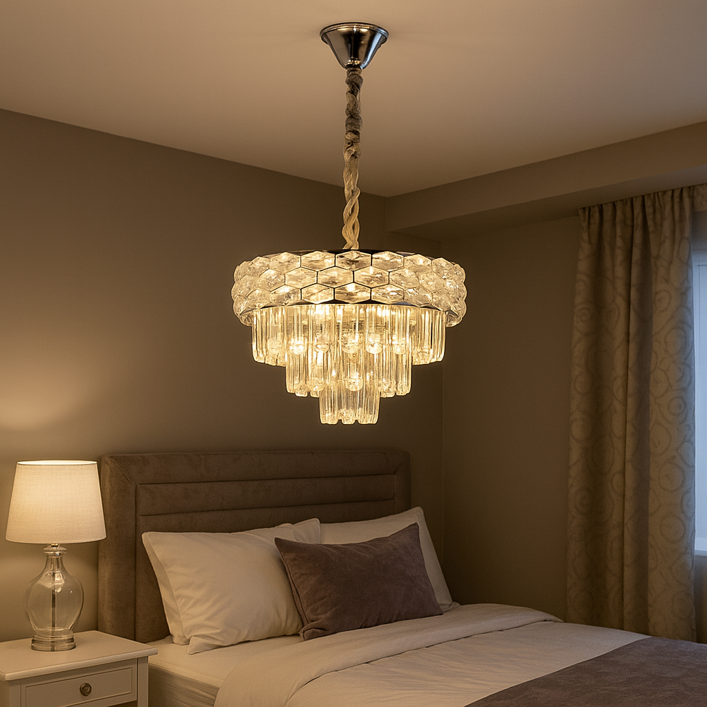 Candelabru rotund crom Ø400 mm cu 5 socluri E27, amplasat in dormitor, iluminare calda reglabila prin becuri alese, stil clasic elegant