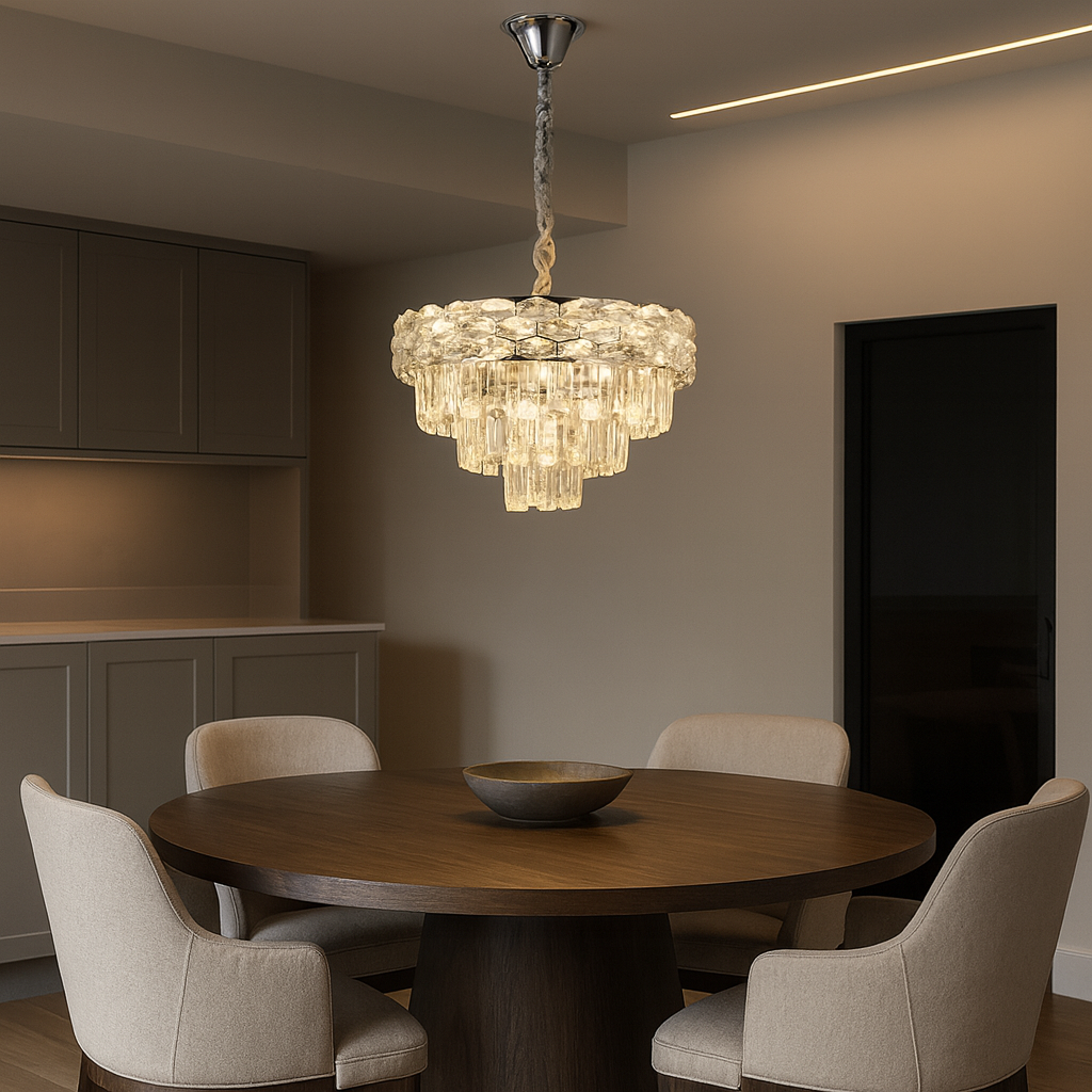 Candelabru rotund crom Ø400 mm cu 5 socluri E27, deasupra mesei din dining, lumina calda personalizata, finisaj crom lucios elegant