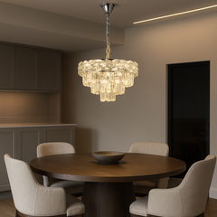 Candelabru rotund crom Ø400 mm cu 5 socluri E27, deasupra mesei din dining, lumina calda personalizata, finisaj crom lucios elegant