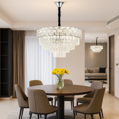 Candelabru rotund crom Ø500 mm cu 8 socluri E27, deasupra mesei din dining, iluminare uniforma si eleganta, finisaj crom lucios