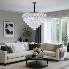 Candelabru rotund crom Ø600 mm cu 10 socluri E27, montat in living mare, iluminare puternica si uniforma, design clasic elegant