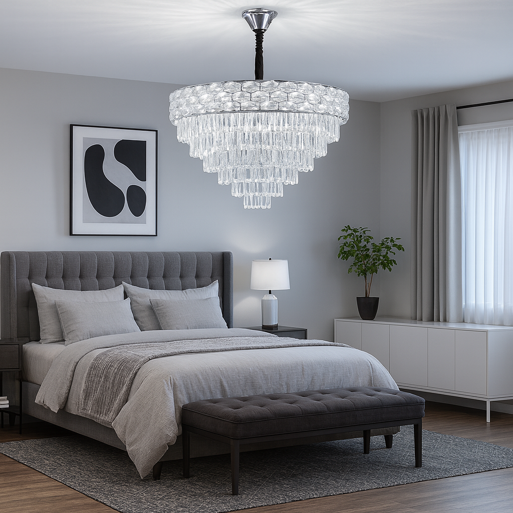 Candelabru rotund crom Ø600 mm cu 10 socluri E27, amplasat in dormitor spatios, lumina personalizabila prin becuri, stil rafinat