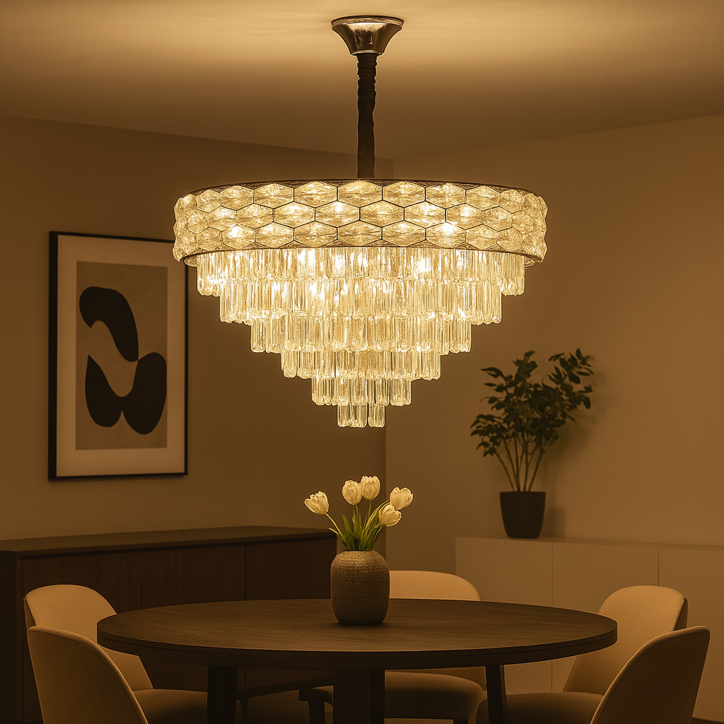 Candelabru rotund crom Ø600 mm cu 10 socluri E27, deasupra mesei din dining mare, iluminare ampla, finisaj crom lucios elegant